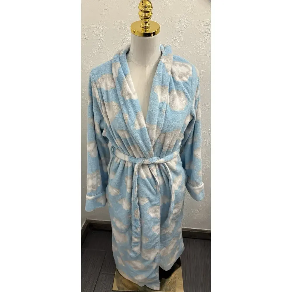 Nick & Nora Cloud Print Plush Robe Size XS Blue/White/Gray Lined